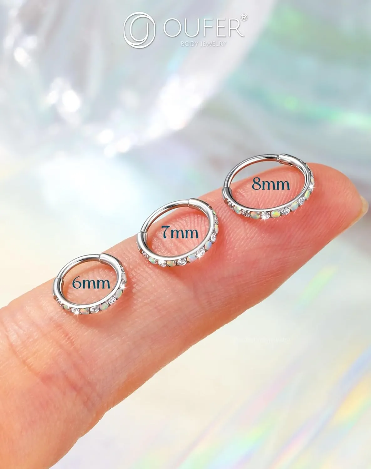 OUFER Opal and CZ 20G Nose Rings Hoops, 316L Surgical Steel Hinged Segment Nose Piercing Jewelry, Septum Lip Eyebrow Rings Cartilage Conch Rook Helix Tragus Daith Earrings For Women and Men-6/7/8MM