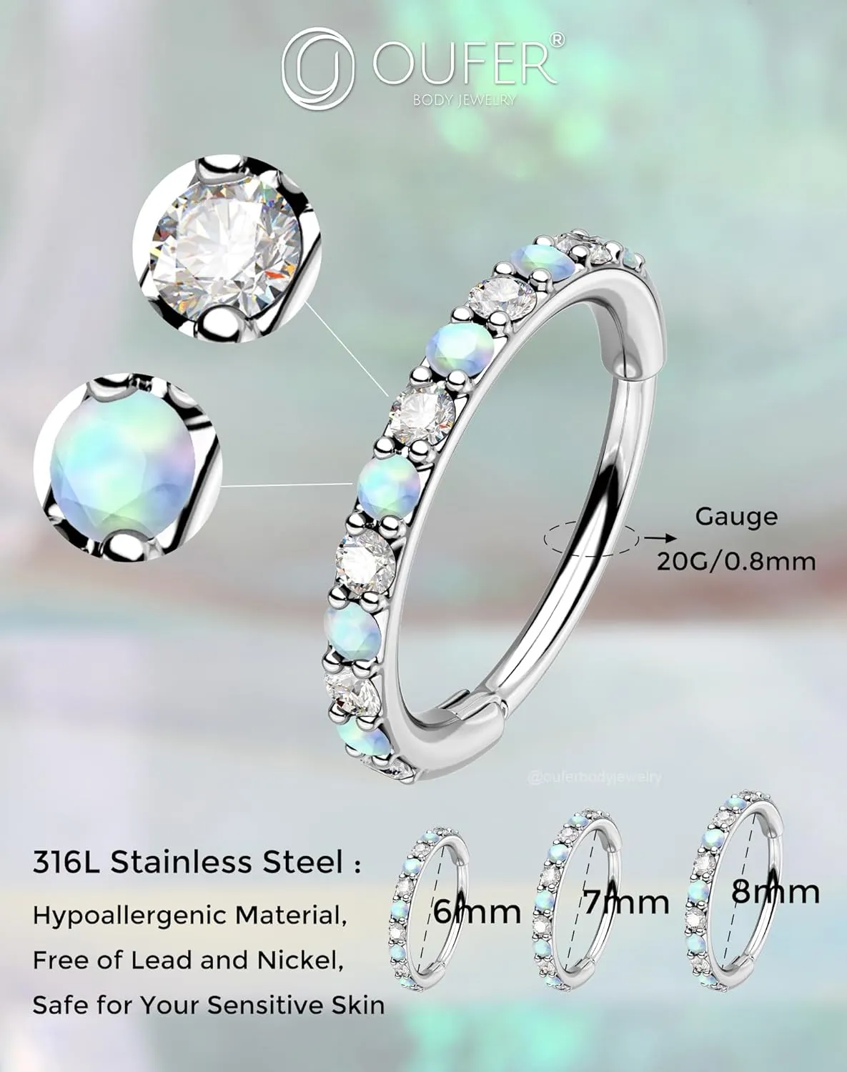 OUFER Opal and CZ 20G Nose Rings Hoops, 316L Surgical Steel Hinged Segment Nose Piercing Jewelry, Septum Lip Eyebrow Rings Cartilage Conch Rook Helix Tragus Daith Earrings For Women and Men-6/7/8MM