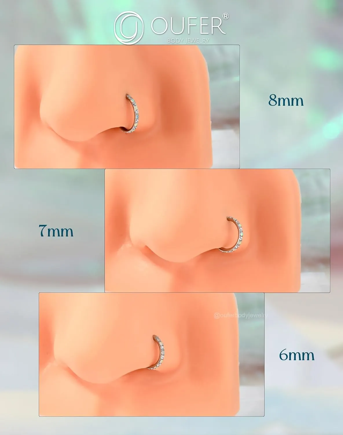 OUFER Opal and CZ 20G Nose Rings Hoops, 316L Surgical Steel Hinged Segment Nose Piercing Jewelry, Septum Lip Eyebrow Rings Cartilage Conch Rook Helix Tragus Daith Earrings For Women and Men-6/7/8MM