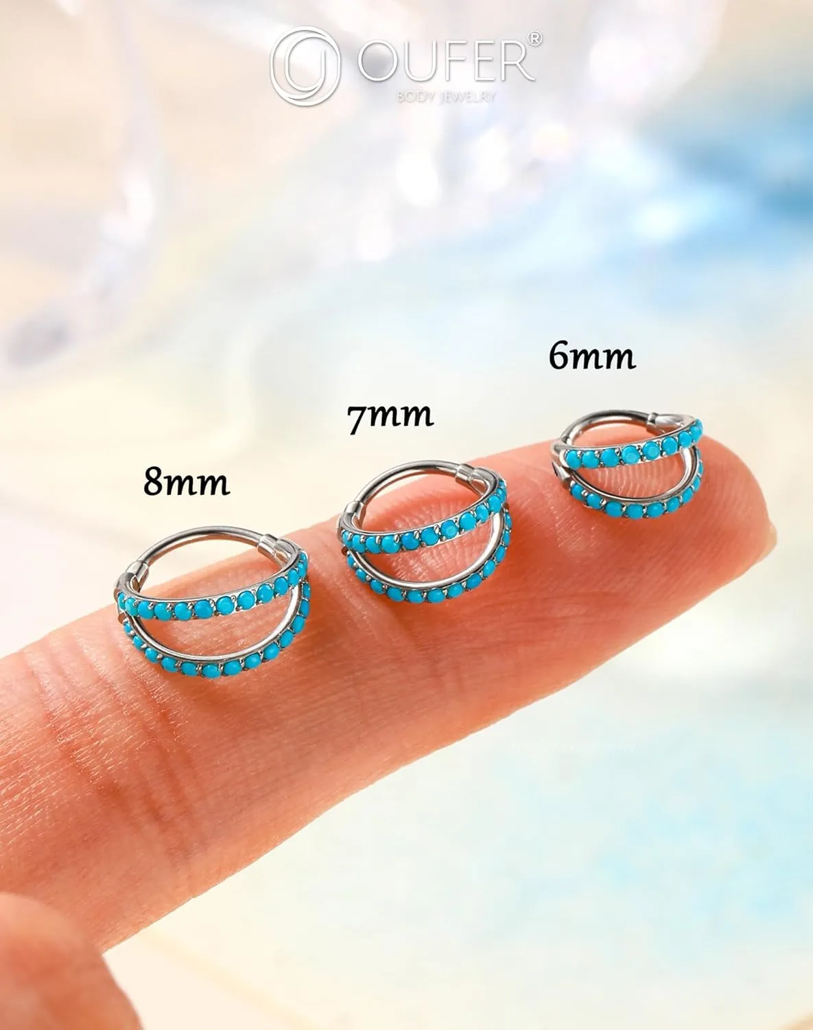 OUFER Turquoise Nose Rings for Women, 316L Surgical Steel 20G Double Hoop Nose Piercing Jewelry, Hinged Segment Septum Lip Eyebrow Rings Cartilage Conch Rook Helix Tragus Daith Earrings-6/7/8MM
