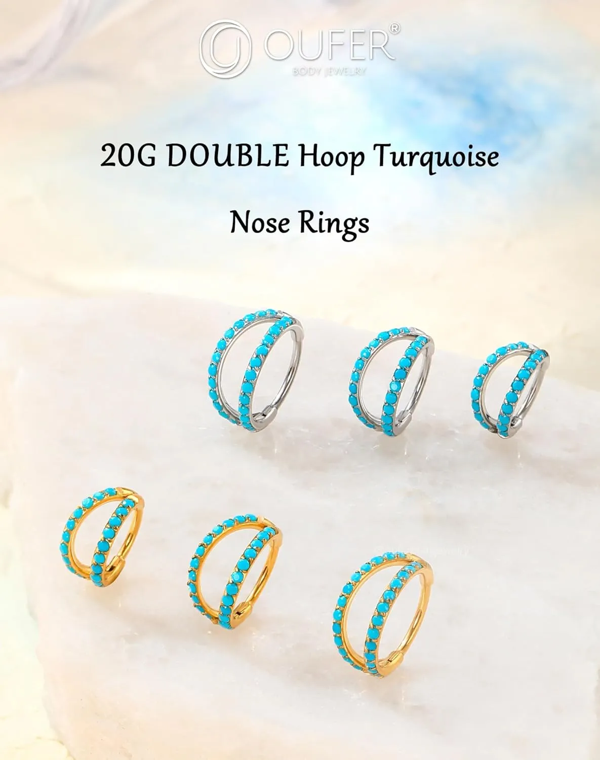 OUFER Turquoise Nose Rings for Women, 316L Surgical Steel 20G Double Hoop Nose Piercing Jewelry, Hinged Segment Septum Lip Eyebrow Rings Cartilage Conch Rook Helix Tragus Daith Earrings-6/7/8MM