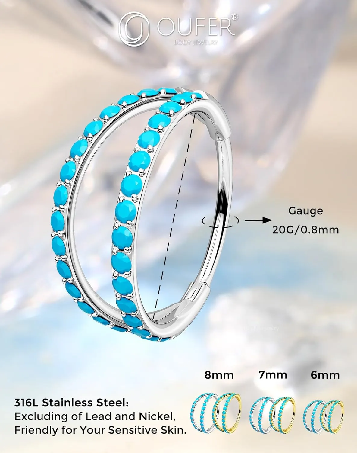 OUFER Turquoise Nose Rings for Women, 316L Surgical Steel 20G Double Hoop Nose Piercing Jewelry, Hinged Segment Septum Lip Eyebrow Rings Cartilage Conch Rook Helix Tragus Daith Earrings-6/7/8MM