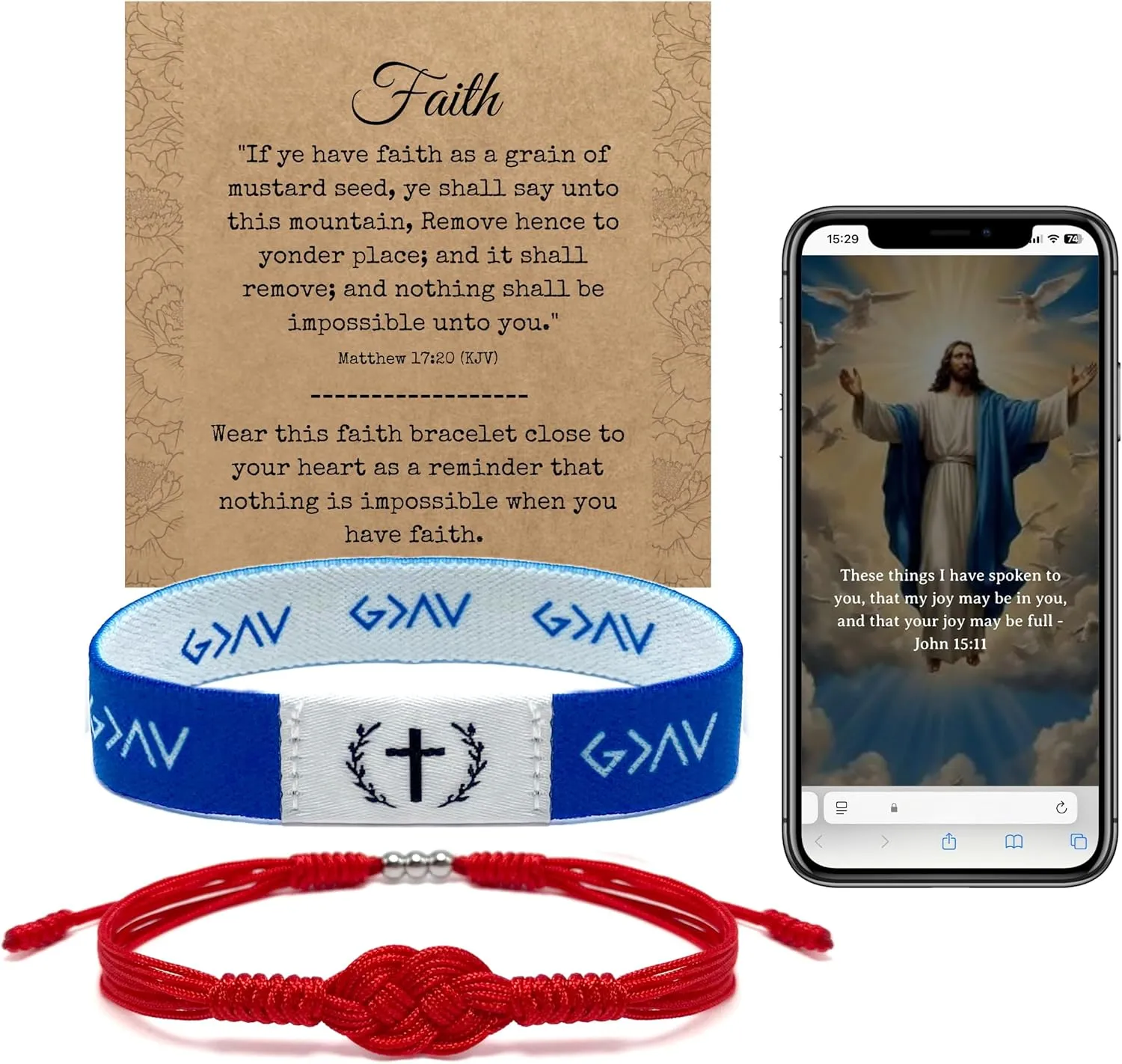 Pack of 2 Bible Verse Bracelets, Inspirational Christian Wristbands with NFC and Red String Faith Bracelet for Men and Women, First Communion Gift