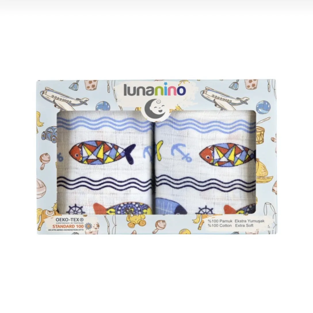 Pack of 2 Muslin Swaddle Blankets - Fish