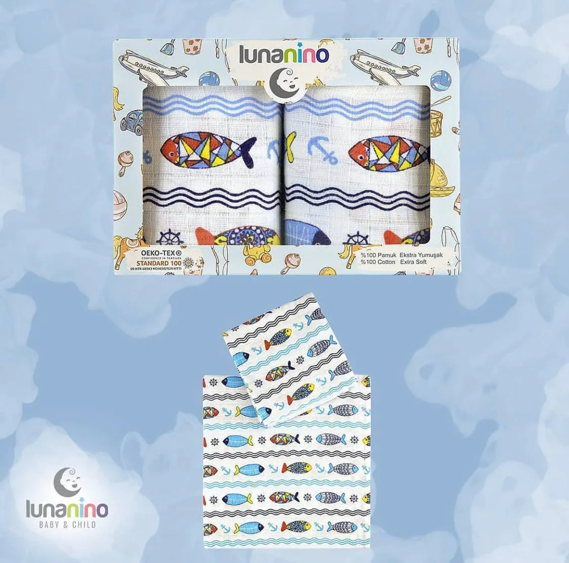 Pack of 2 Muslin Swaddle Blankets - Fish