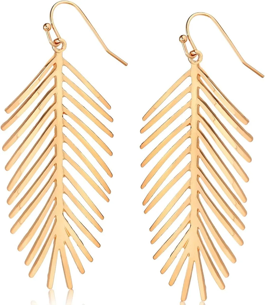 Palm Leaf Earrings for Women - Boho Tropical Dangle Earrings in Gold, Rose Gold, or Silver Tone