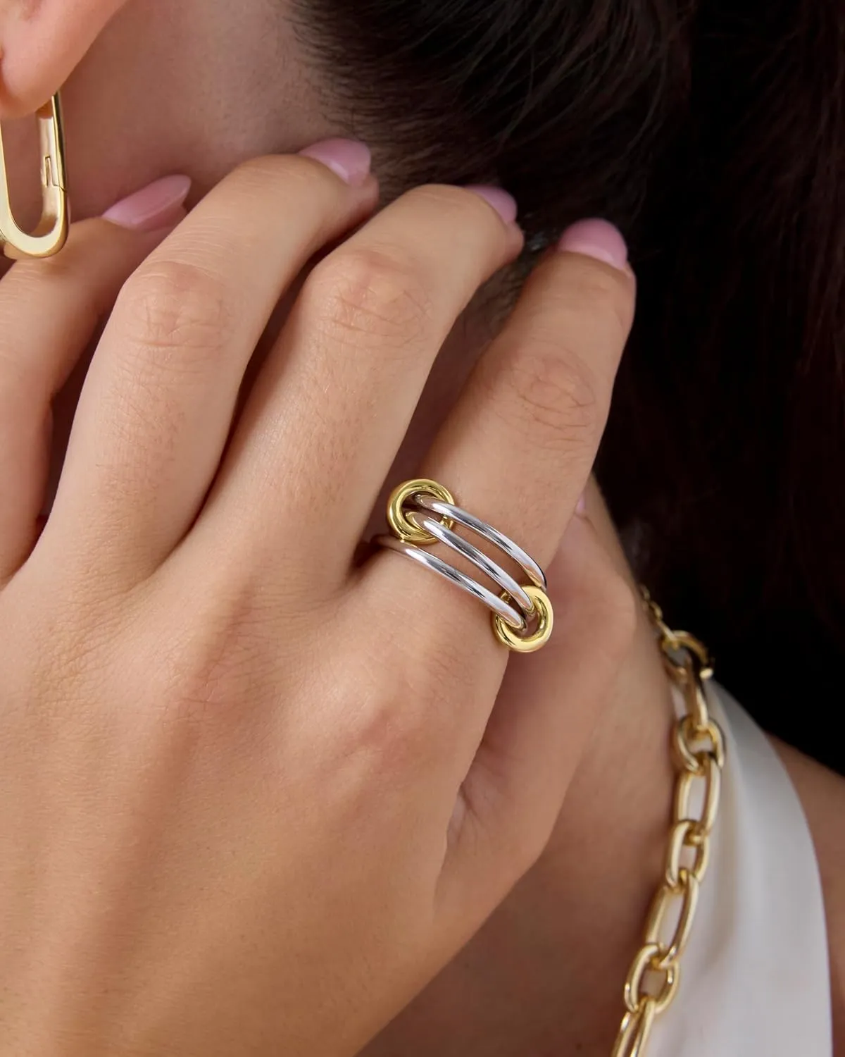 PAVOI 14K Gold Plated Interlocked Stackable Rings for Women - Statement Mixed Metals Multi Ring Stack - Two-Toned Stacking Bands