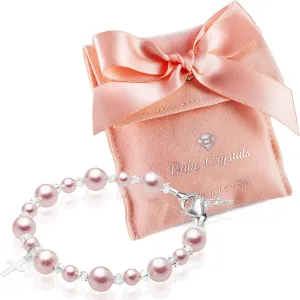 Pearl Bracelets for Girls, Sterling Silver Cross Charm, Baptism Gifts for Girl, Girls Bracelet, Rosaline Pink Pearls and Crystals, Girls Jewelry Birthday Gift