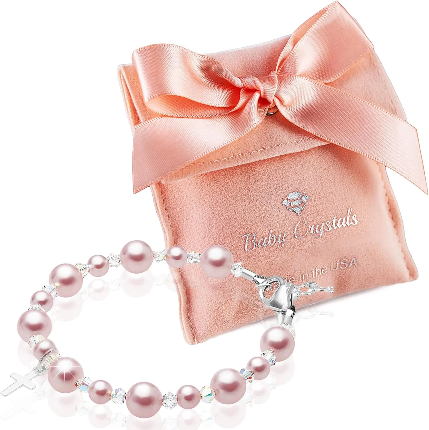 Pearl Bracelets for Girls, Sterling Silver Cross Charm, Baptism Gifts for Girl, Girls Bracelet, Rosaline Pink Pearls and Crystals, Girls Jewelry Birthday Gift