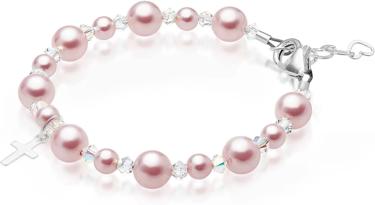 Pearl Bracelets for Girls, Sterling Silver Cross Charm, Baptism Gifts for Girl, Girls Bracelet, Rosaline Pink Pearls and Crystals, Girls Jewelry Birthday Gift