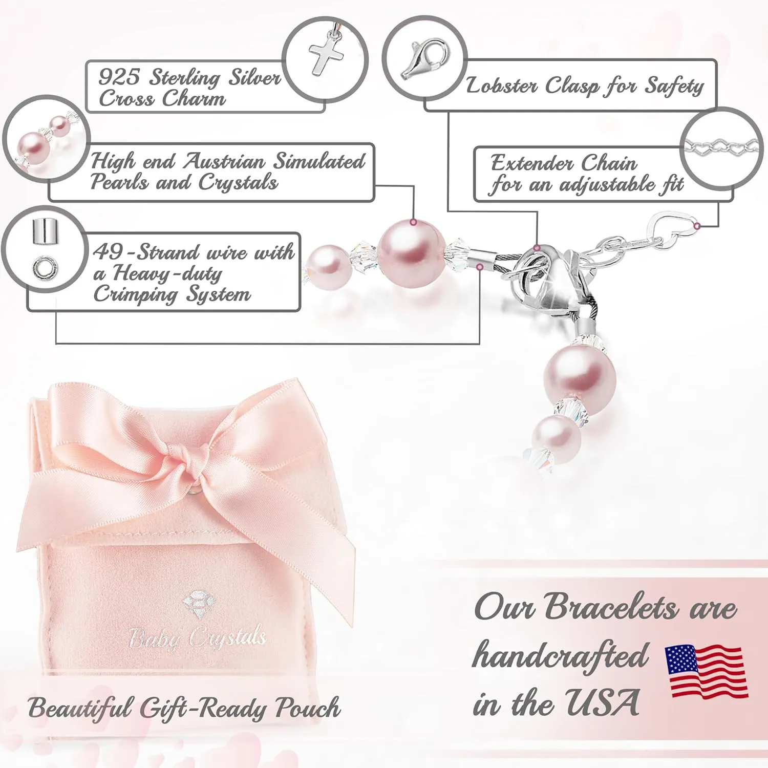 Pearl Bracelets for Girls, Sterling Silver Cross Charm, Baptism Gifts for Girl, Girls Bracelet, Rosaline Pink Pearls and Crystals, Girls Jewelry Birthday Gift