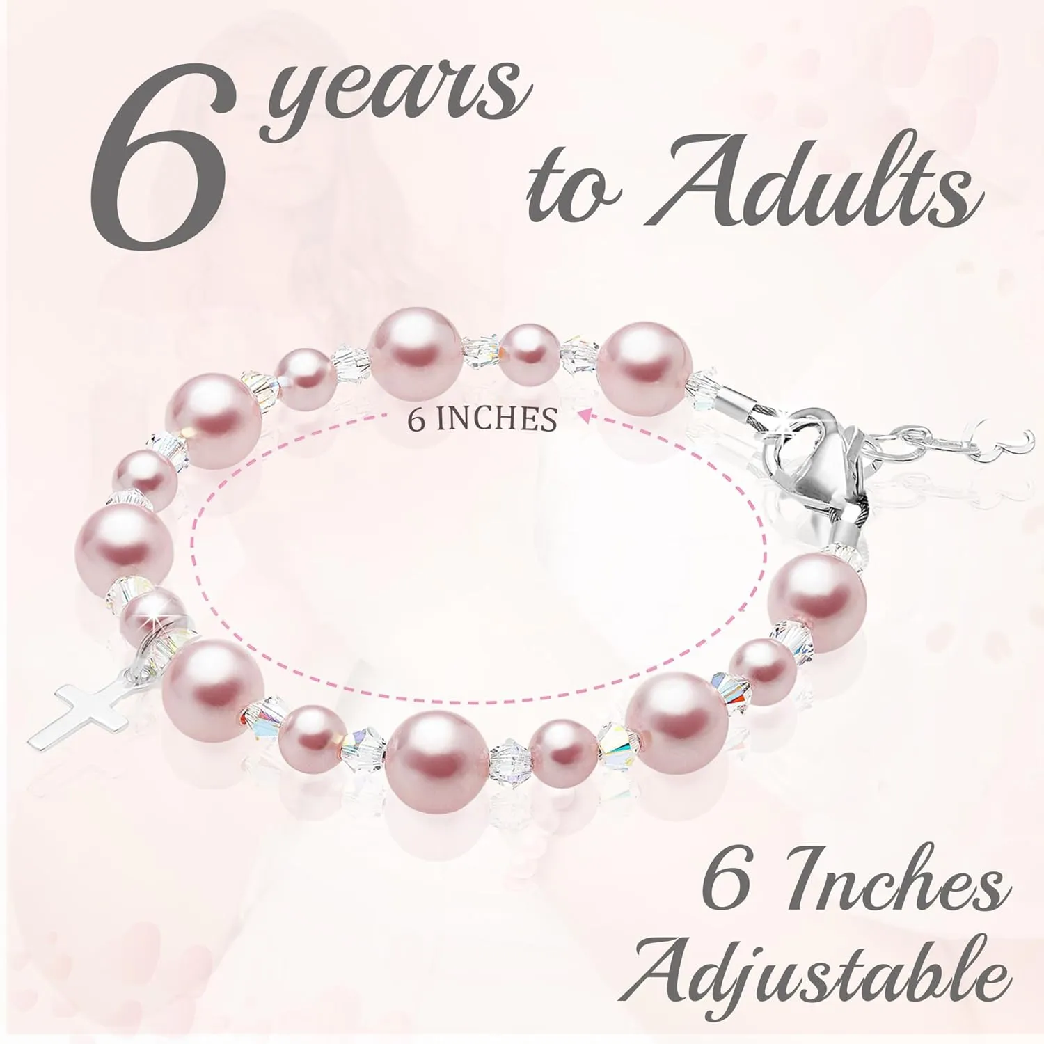 Pearl Bracelets for Girls, Sterling Silver Cross Charm, Baptism Gifts for Girl, Girls Bracelet, Rosaline Pink Pearls and Crystals, Girls Jewelry Birthday Gift