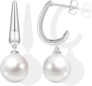 Pearl Earrings for Women Gold Plated Pearl Dangle Earrings 12mm Round Pearls Drop Earrings Wedding Jewelry for Women Gifts
