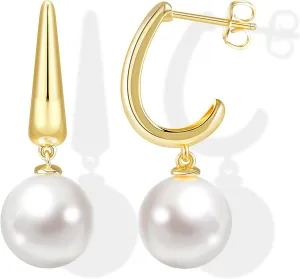 Pearl Earrings for Women Gold Plated Pearl Dangle Earrings 12mm Round Pearls Drop Earrings Wedding Jewelry for Women Gifts