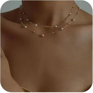Pearl Necklace for Women,Dainty 14k Gold Plated Layered Pearl Jewelry Trendy Cute Pearl Necklace For Women Double Small Pearl Chain Necklace for Women Gifts