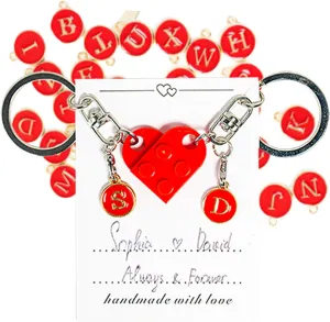 Personalized Brick Matching Couple Heart Keychain for Boyfriend Girlfriend Full Set A-Z Valentines Christmas Him Idea