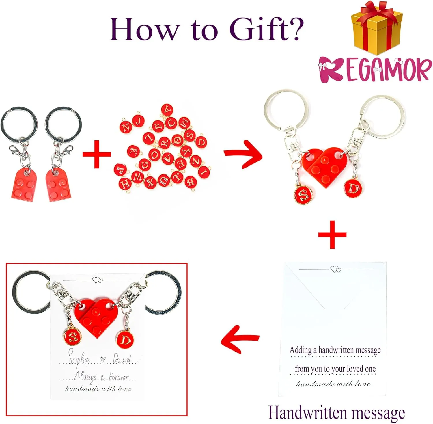 Personalized Brick Matching Couple Heart Keychain for Boyfriend Girlfriend Full Set A-Z Valentines Christmas Him Idea