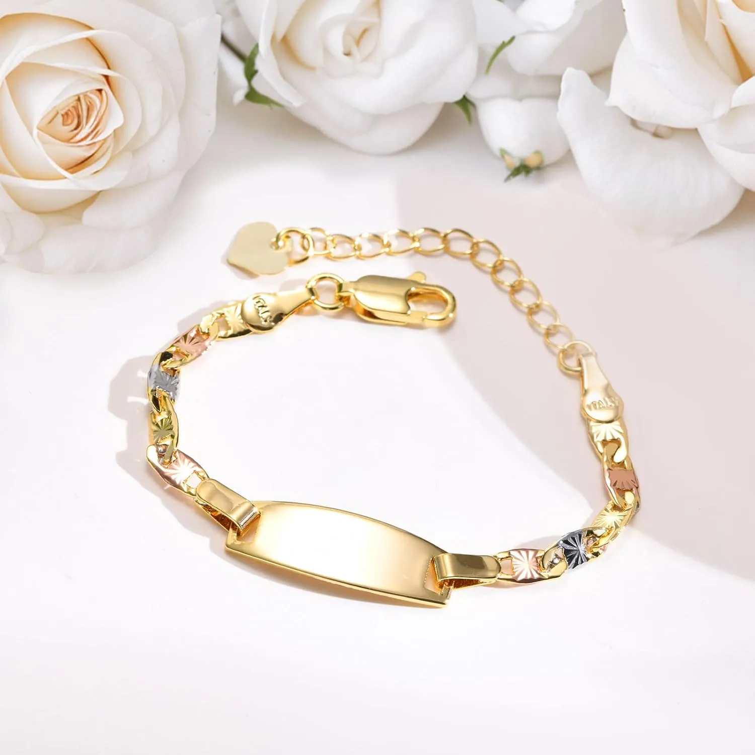 Personalized Child ID Bracelet-18K Gold Plated Tri-Color Chain Custom Name ID Plate Bar Bracelet for Children Toddler from Mom,Engraved Kid Name Customized Birthday,Back To School Gift for Daughter