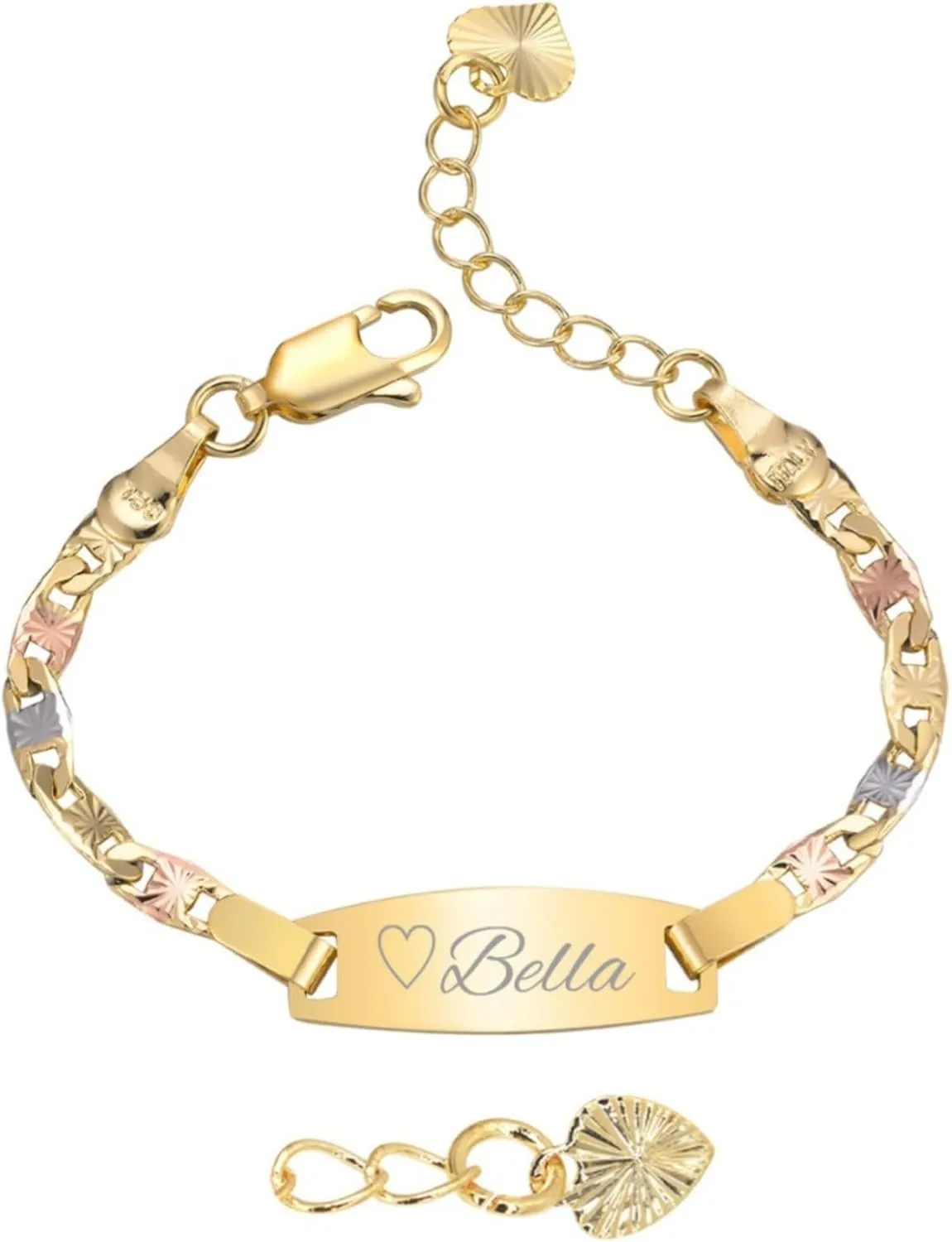 Personalized Child ID Bracelet-18K Gold Plated Tri-Color Chain Custom Name ID Plate Bar Bracelet for Children Toddler from Mom,Engraved Kid Name Customized Birthday,Back To School Gift for Daughter