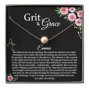 Personalized Encouragement Gifts for Women, Grit and Grace Single Pearl Necklace with Meaningful Message, 14K Rose or Yellow Gold Filled or Sterling Silver