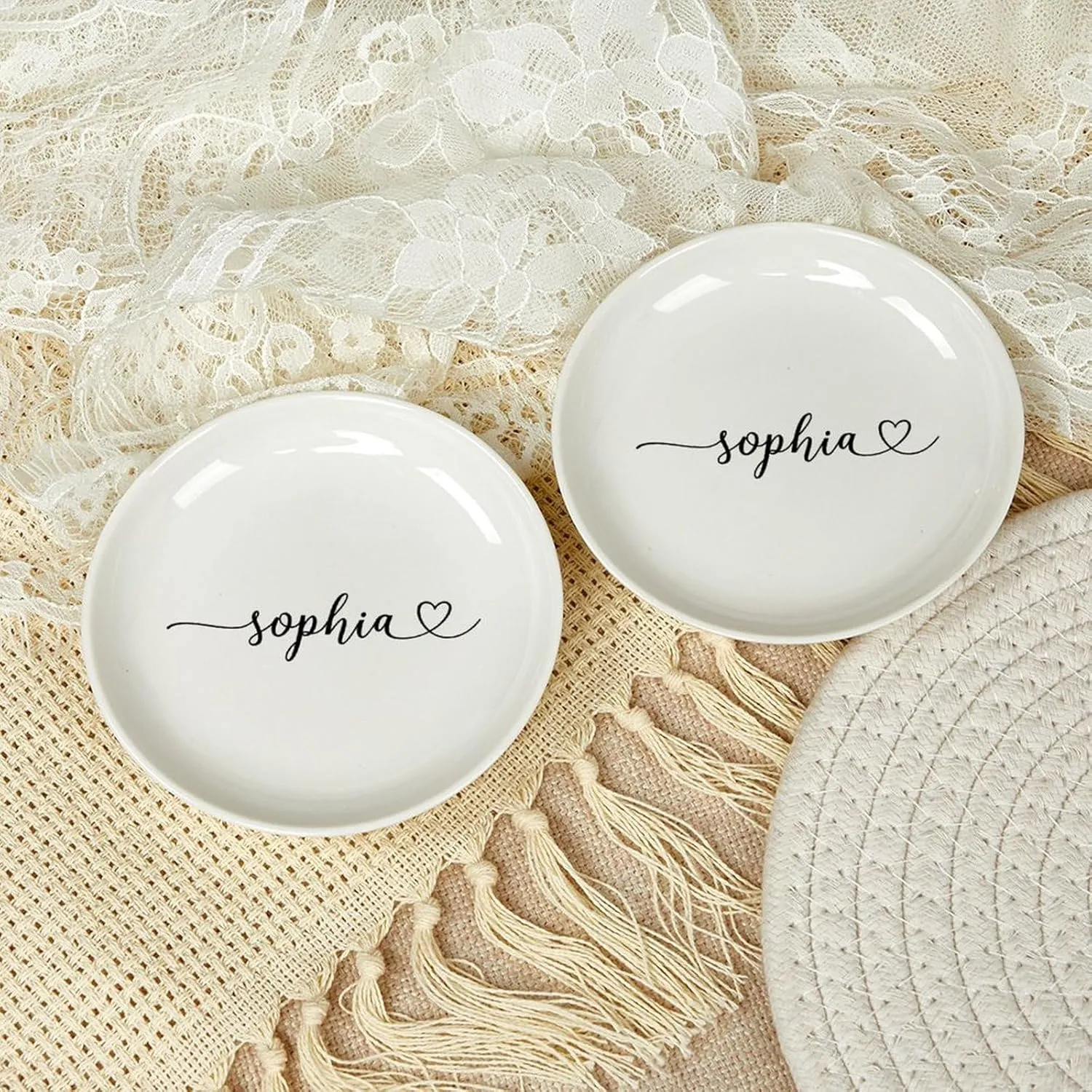 Personalized Jewelry Dish Ceramic Earrings Bracelets Necklace Holder Custom Name Trinket Dish Decorative Jewelry Tray Plate Bridesmaids Wedding Gifts Entryway Table Room Decor 4"