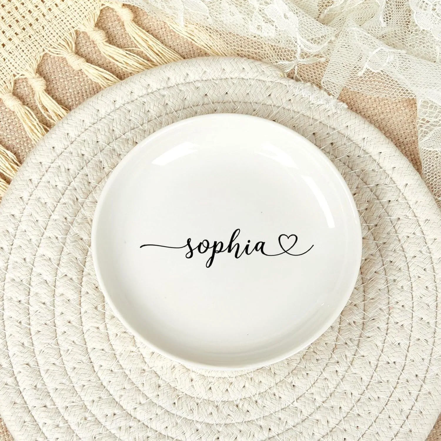 Personalized Jewelry Dish Ceramic Earrings Bracelets Necklace Holder Custom Name Trinket Dish Decorative Jewelry Tray Plate Bridesmaids Wedding Gifts Entryway Table Room Decor 4"