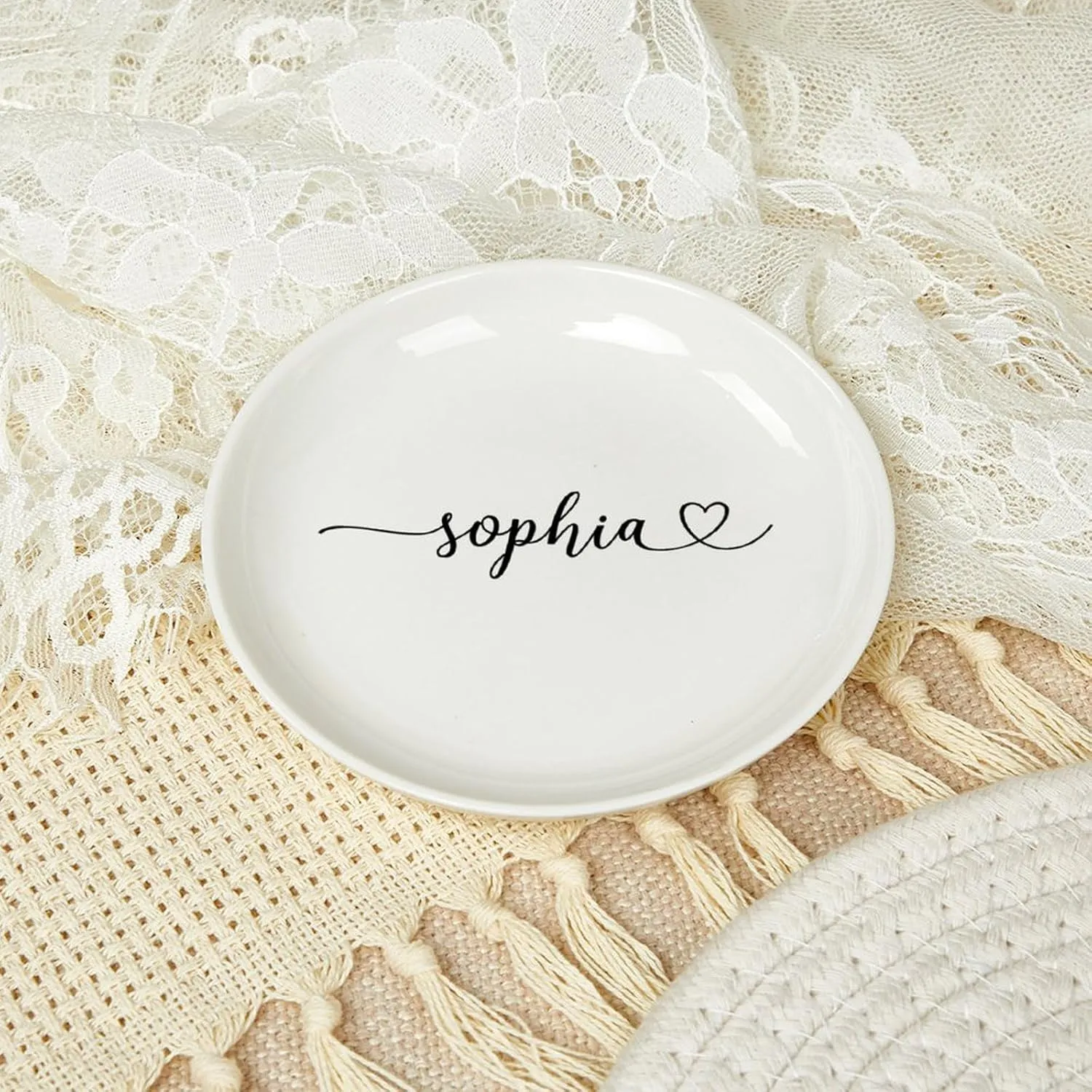 Personalized Jewelry Dish Ceramic Earrings Bracelets Necklace Holder Custom Name Trinket Dish Decorative Jewelry Tray Plate Bridesmaids Wedding Gifts Entryway Table Room Decor 4"