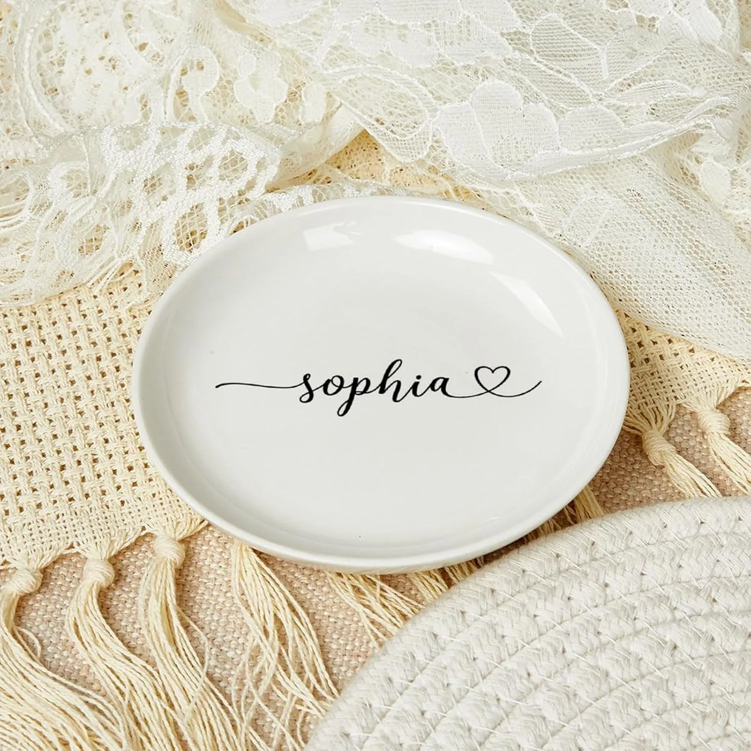 Personalized Jewelry Dish Ceramic Earrings Bracelets Necklace Holder Custom Name Trinket Dish Decorative Jewelry Tray Plate Bridesmaids Wedding Gifts Entryway Table Room Decor 4"