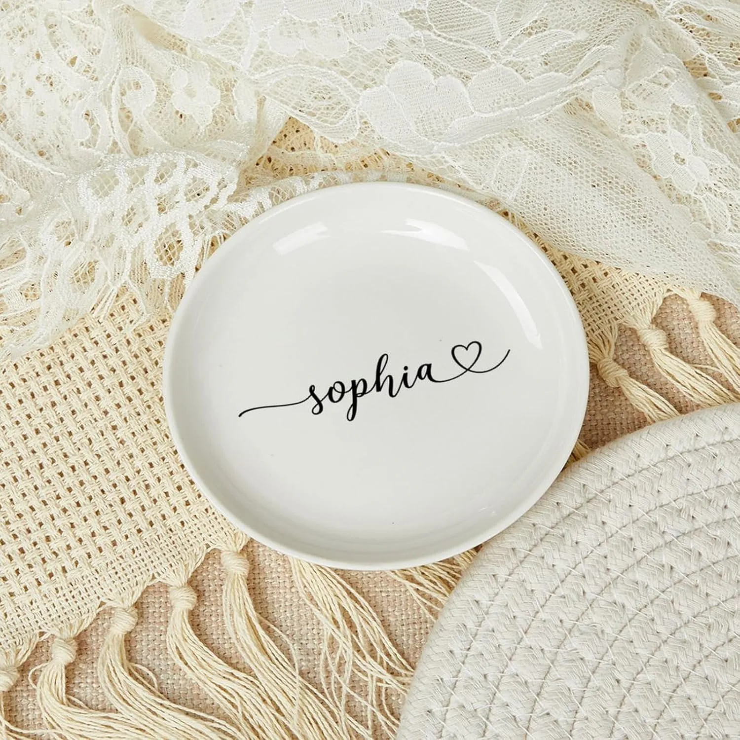 Personalized Jewelry Dish Ceramic Earrings Bracelets Necklace Holder Custom Name Trinket Dish Decorative Jewelry Tray Plate Bridesmaids Wedding Gifts Entryway Table Room Decor 4"