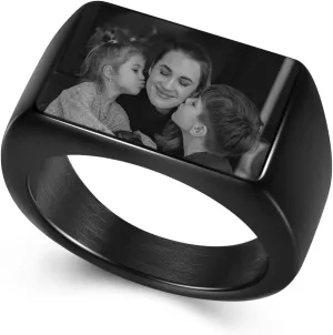 Personalized Photo Custom Picture Signet Ring Engraving Black and White Picture Biker Rings for Men Women Memorial Stainless Steel Wedding Band Jewelry Size 9-12