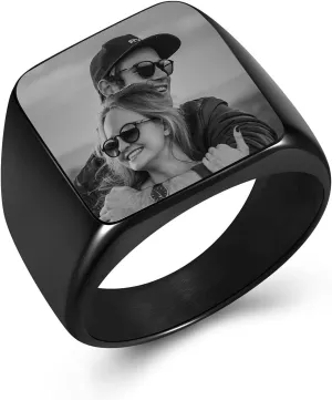 Personalized Signet Ring Engraving Picture Custom Photo Biker Rings for Men Women Memorial Stainless Steel Wedding Band Jewelry Size 9-14