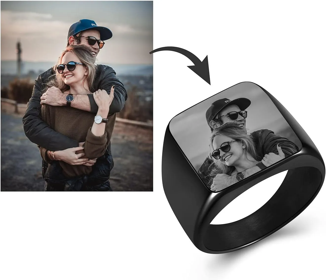Personalized Signet Ring Engraving Picture Custom Photo Biker Rings for Men Women Memorial Stainless Steel Wedding Band Jewelry Size 9-14