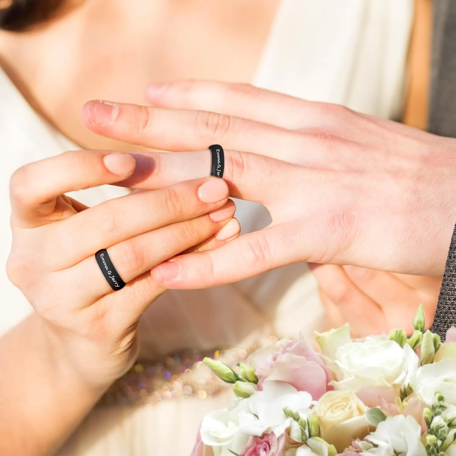 Personalized Silicone Wedding Bands for Couples 8MM Breathable Rubber Rings for Women Men Custom Promise Ring for Couple Engrave Silicone Rings for Him and Her, Gift Bag Included