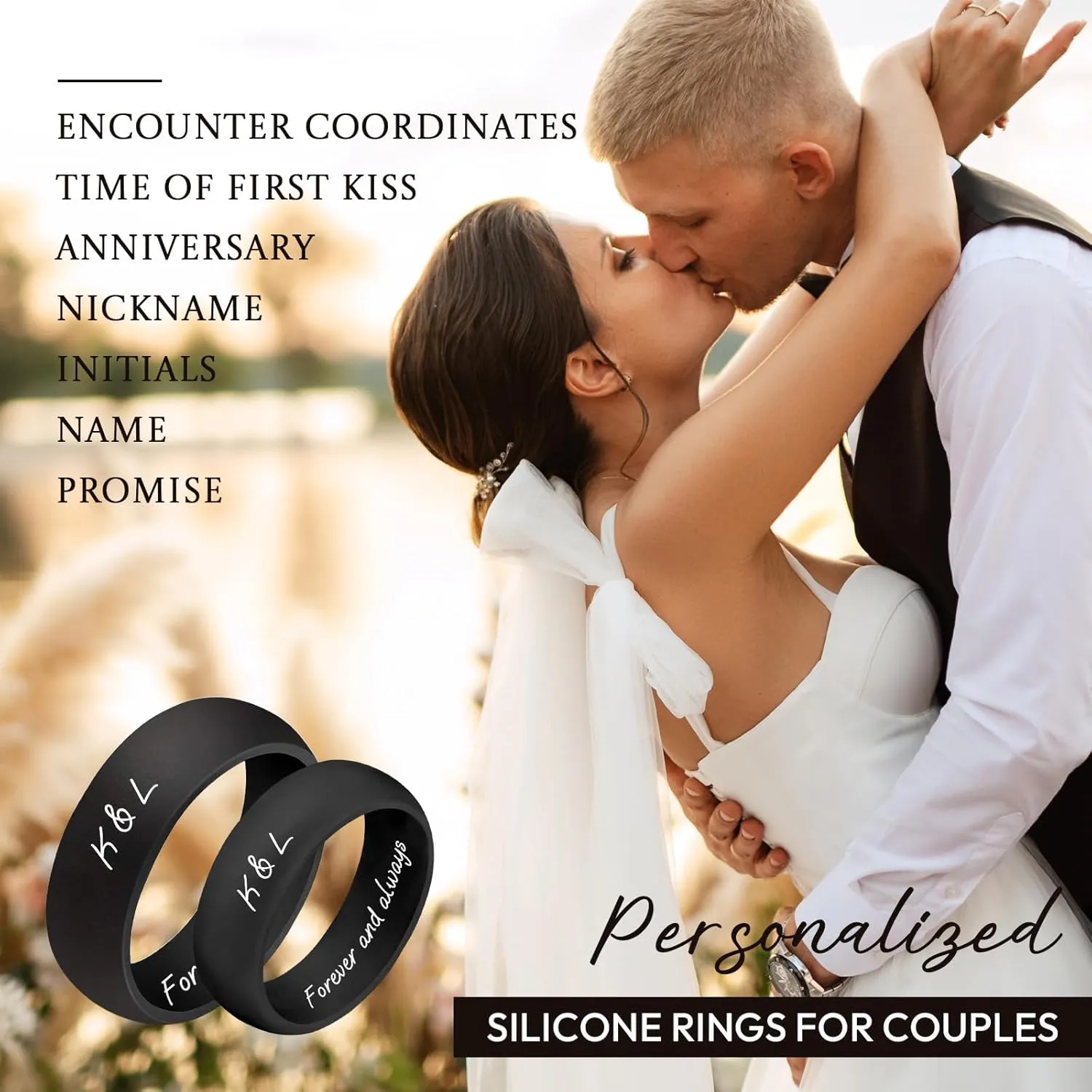 Personalized Silicone Wedding Bands for Couples 8MM Breathable Rubber Rings for Women Men Custom Promise Ring for Couple Engrave Silicone Rings for Him and Her, Gift Bag Included