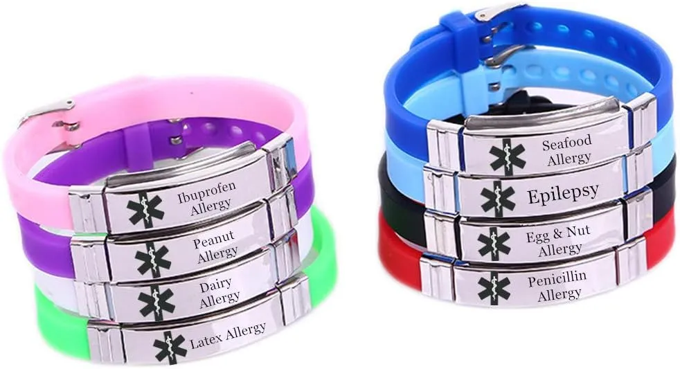 Personalized Stainless Steel Silicone Medical Allergy Awareness Bracelets for Boys Girls Adults,Customized Medic Alert ID Wristband Emergency Jewelry for Son,Daughter,with Aid Bag