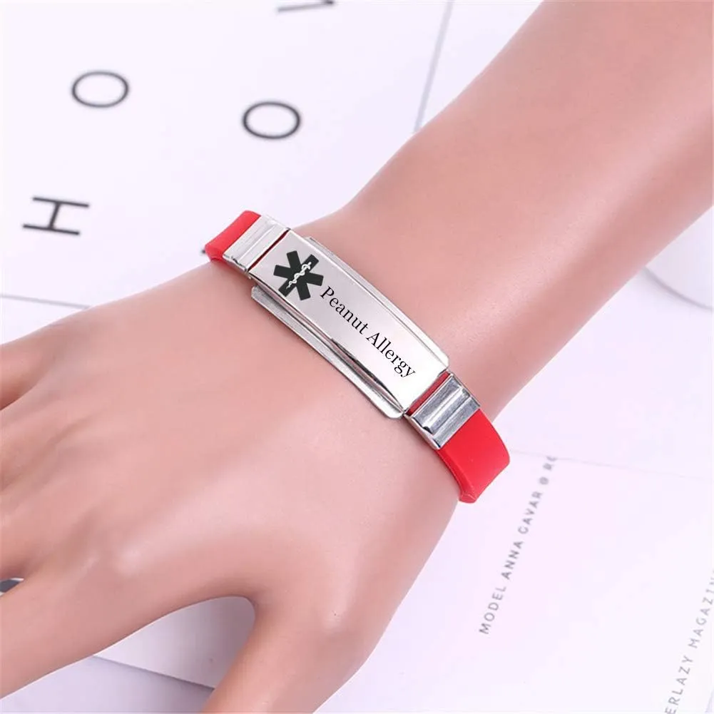Personalized Stainless Steel Silicone Medical Allergy Awareness Bracelets for Boys Girls Adults,Customized Medic Alert ID Wristband Emergency Jewelry for Son,Daughter,with Aid Bag