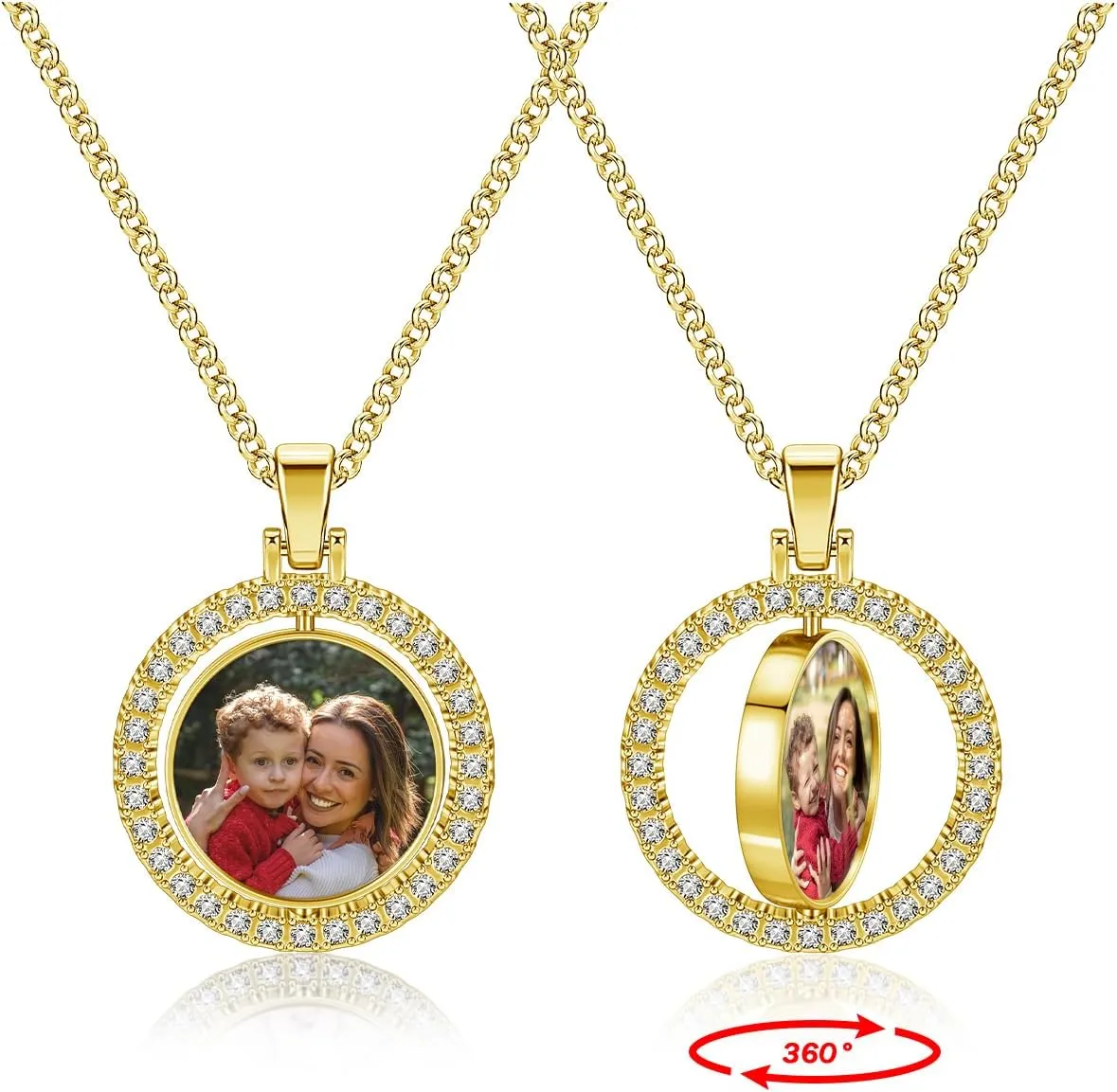 PiercingJ Customized Double-Side Photo Necklace Custom Picture Pendant Chain Personalized Cubic Zirconia Hip Hop Jewelry Gift for Men Women with Gift Box