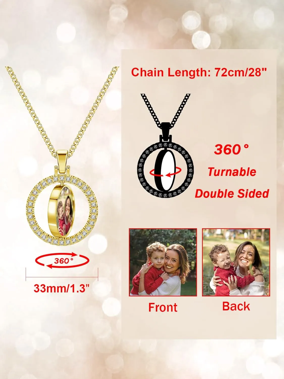 PiercingJ Customized Double-Side Photo Necklace Custom Picture Pendant Chain Personalized Cubic Zirconia Hip Hop Jewelry Gift for Men Women with Gift Box