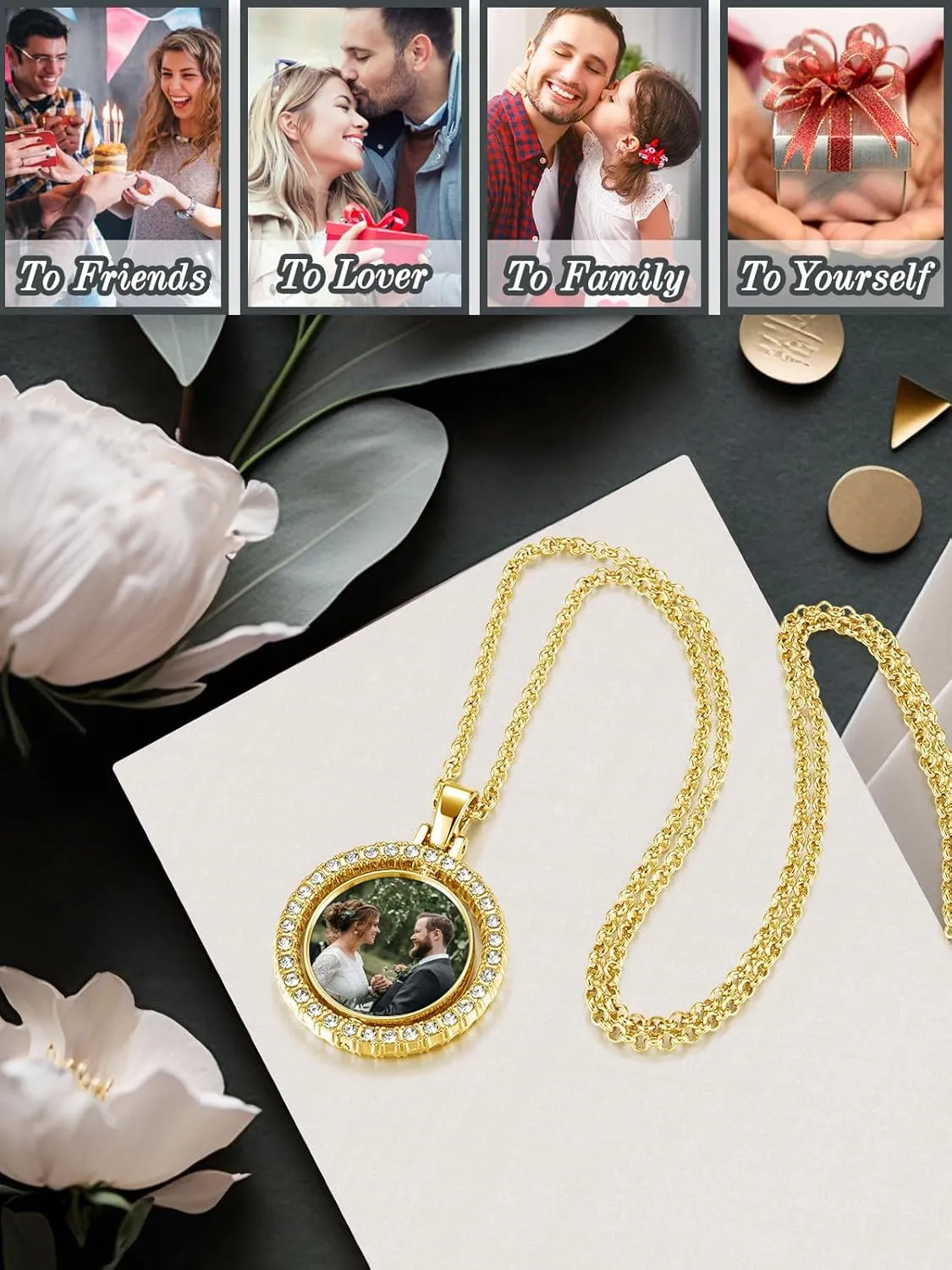 PiercingJ Customized Double-Side Photo Necklace Custom Picture Pendant Chain Personalized Cubic Zirconia Hip Hop Jewelry Gift for Men Women with Gift Box