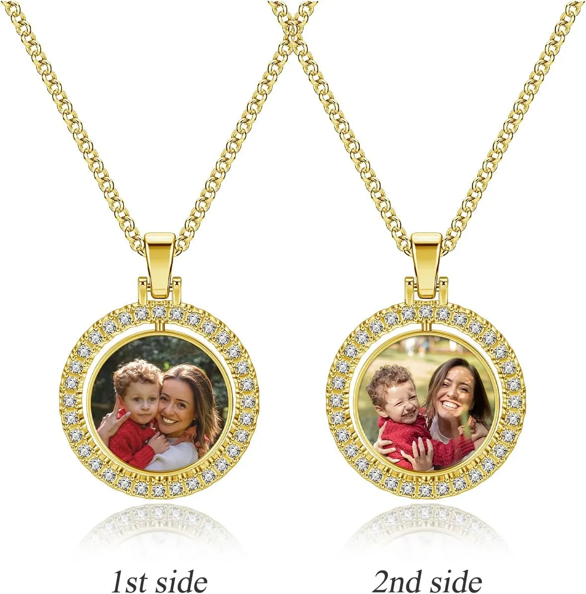 PiercingJ Customized Double-Side Photo Necklace Custom Picture Pendant Chain Personalized Cubic Zirconia Hip Hop Jewelry Gift for Men Women with Gift Box