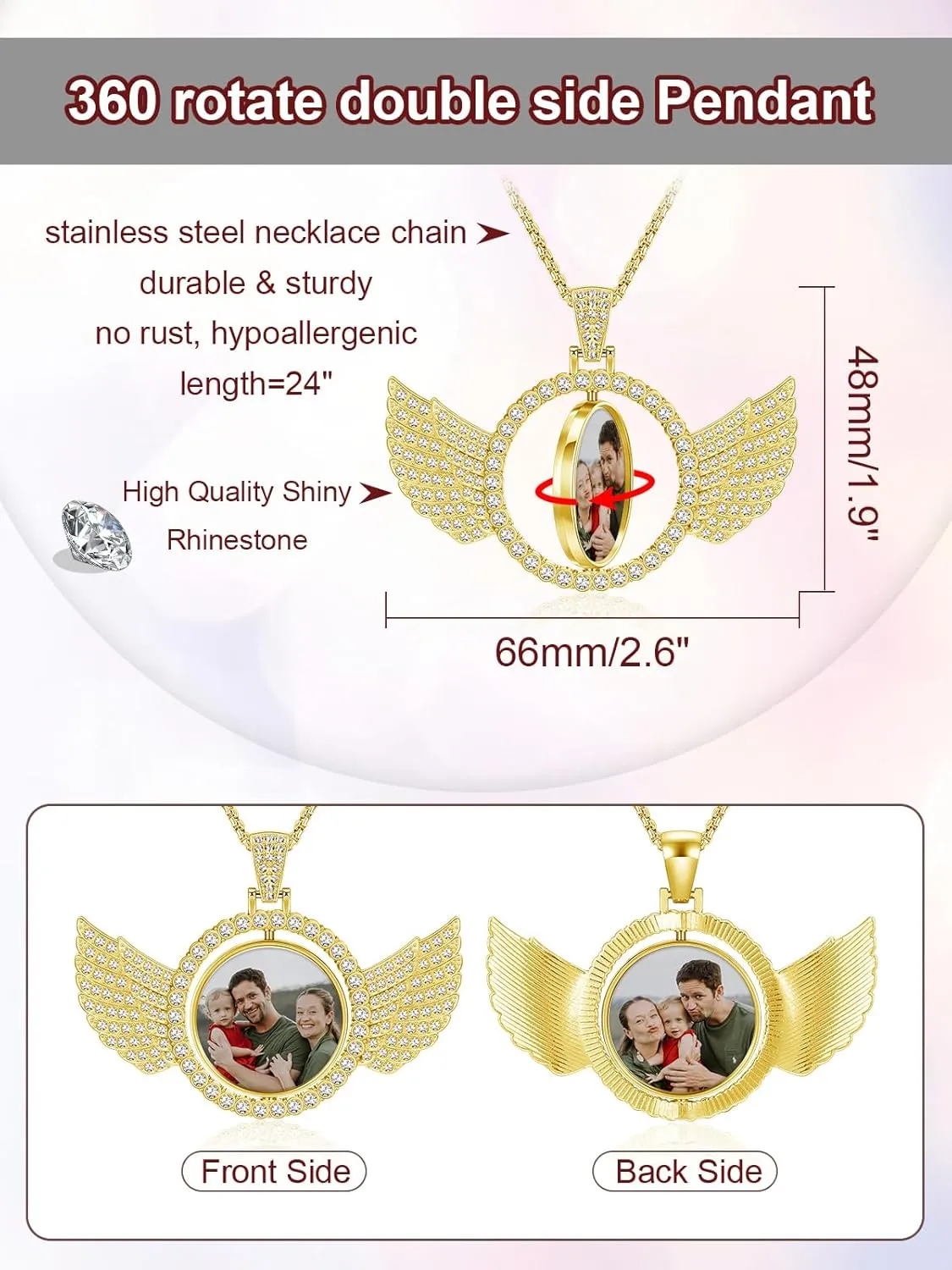 PiercingJ Customized Double-Side Photo Necklace Custom Picture Pendant Chain Personalized Cubic Zirconia Hip Hop Jewelry Gift for Men Women with Gift Box