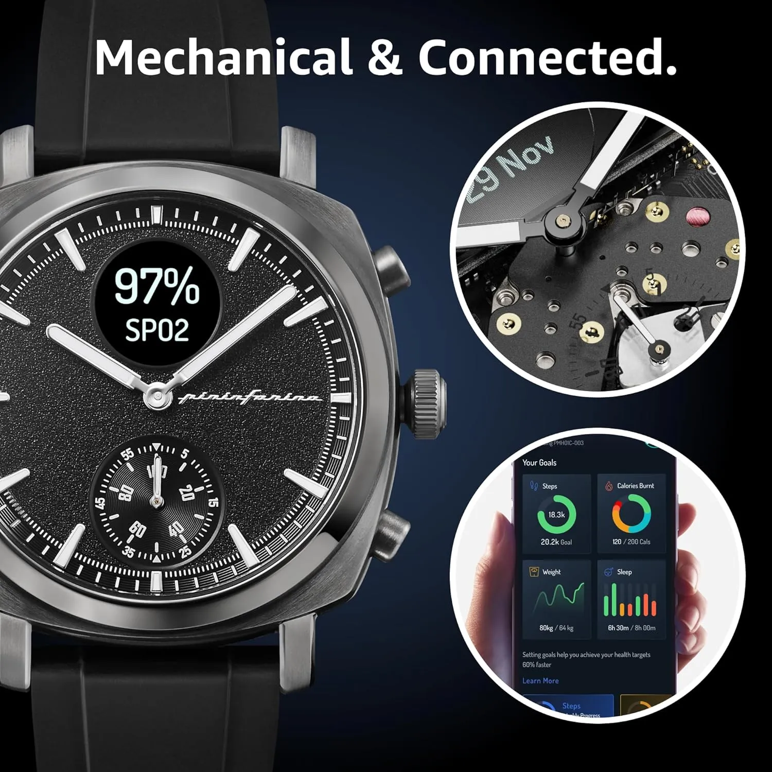 pininfarina Senso Sport Hybrid Smartwatch - Analogue Watch with FKM Strap, Digital Display, & Fitness Tracker for Steps, Calories, & Sleep - Compass & GPS Tracking - Slate Grey