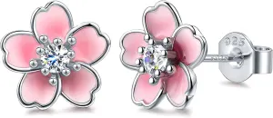 Pink Flower Earrings for Women, 925 Sterling Silver Stud Earrings, Cute Plumeria Earrings For Women, Cherry Blossom Hypoallergenic Stud