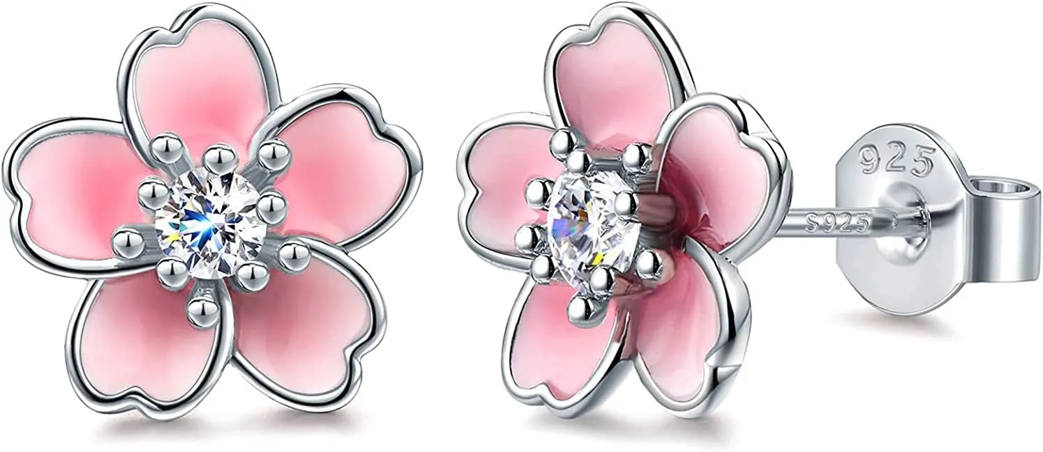 Pink Flower Earrings for Women, 925 Sterling Silver Stud Earrings, Cute Plumeria Earrings For Women, Cherry Blossom Hypoallergenic Stud