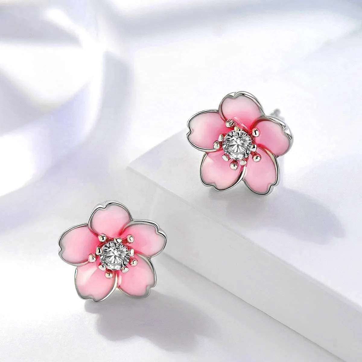 Pink Flower Earrings for Women, 925 Sterling Silver Stud Earrings, Cute Plumeria Earrings For Women, Cherry Blossom Hypoallergenic Stud