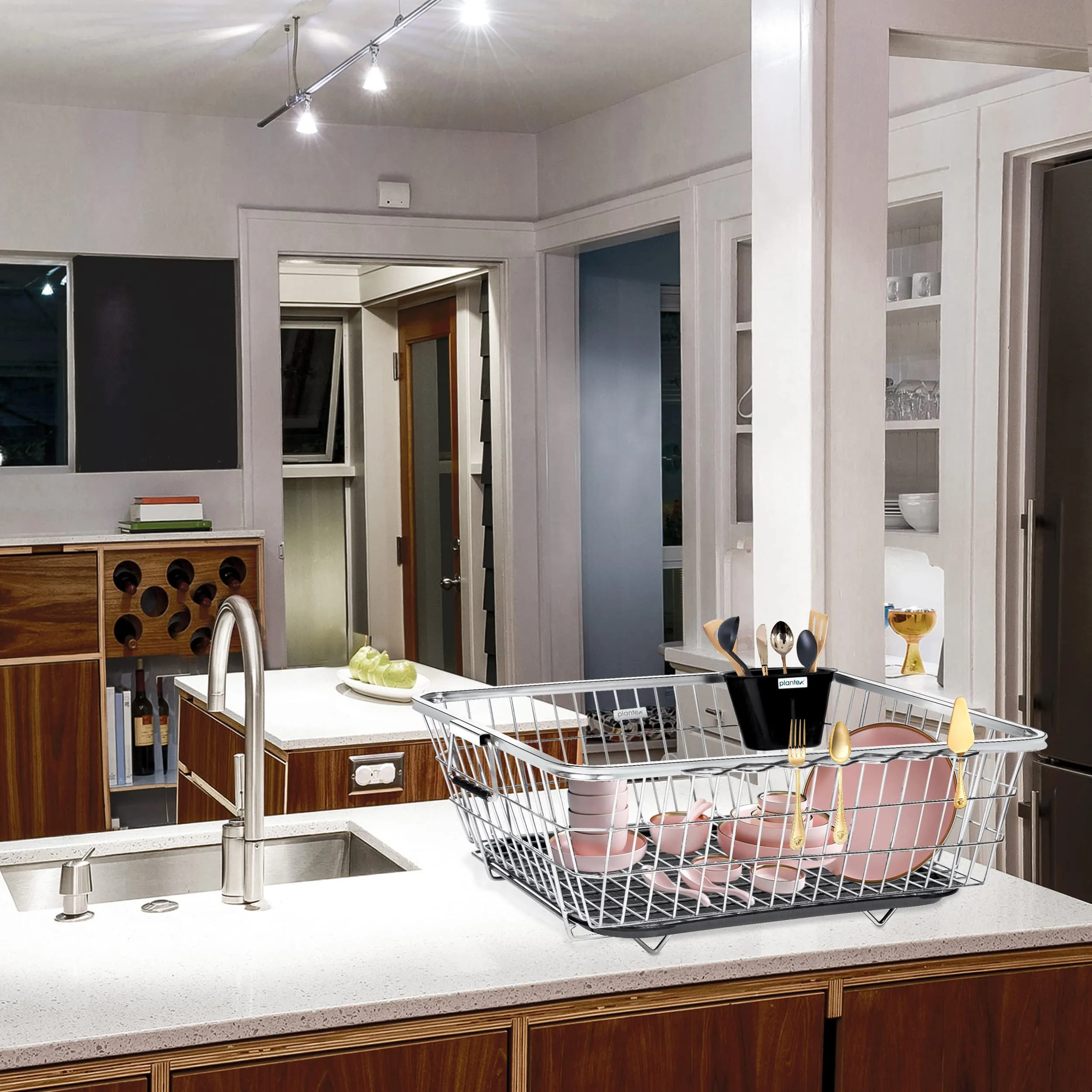 Plantex Dish Drainer Basket for Kitchen/Stainless-Steel Dish Drying Rack with Drainer/Plate Stand/Bartan Basket (Chrome)