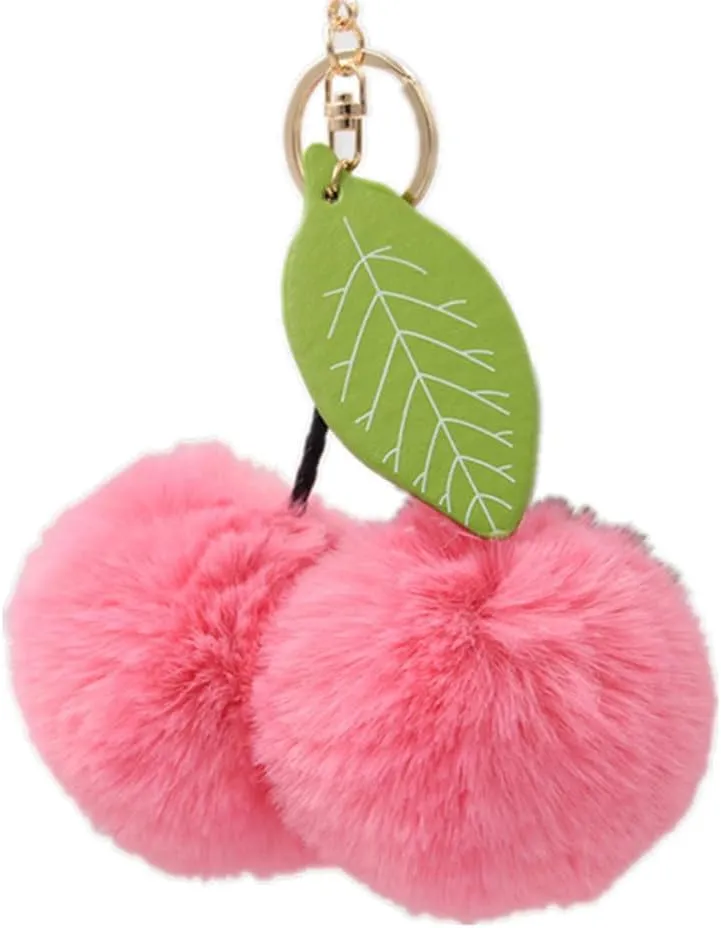 Pom Pom Cherry Key Chain Exaggerated Cherry Fruit Key Ring for Women Car Keys Holder Bag Purse