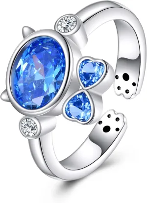 POPLYKE Cat Rings 925 Sterling Silver Aquamarine Adjustable Animal Ring Dainty Cute Cat Ring Gifts For Cat Lovers