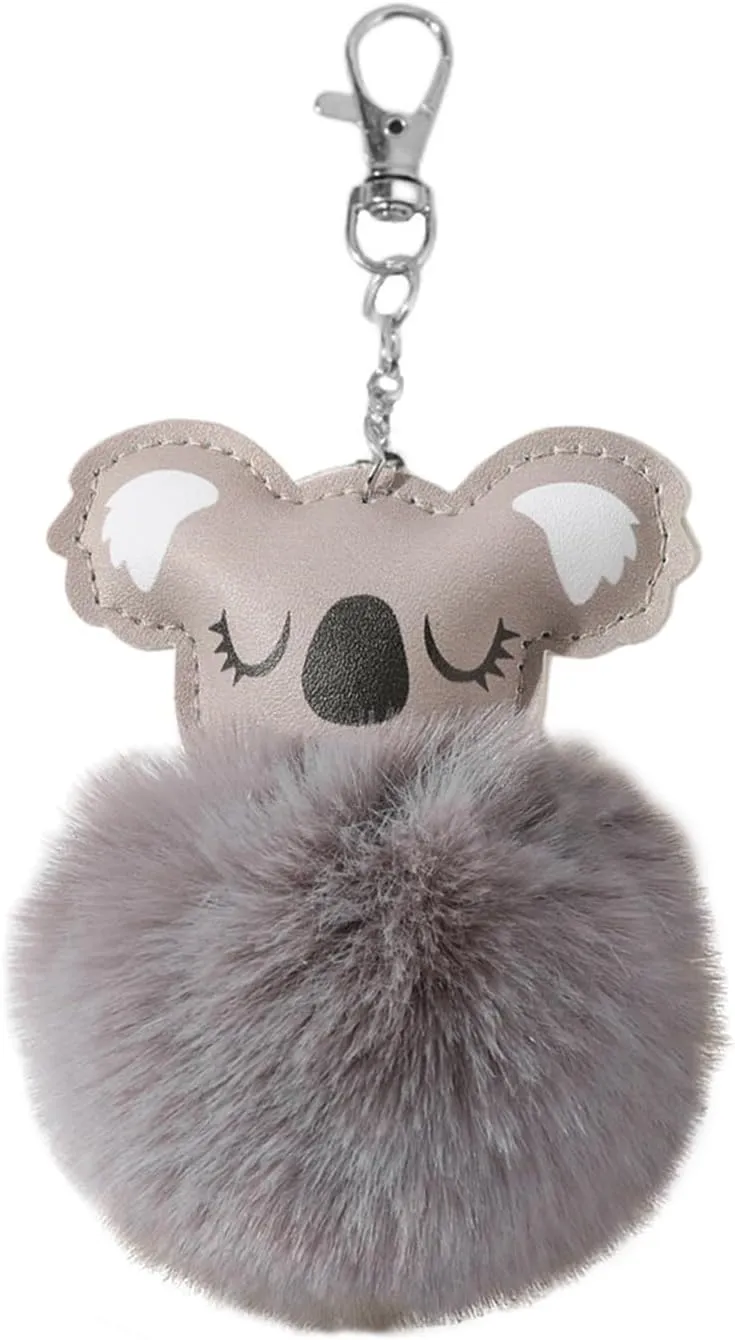 POYAMUSE Furry Koala and Pompom Ball Keychain - Cute Animal Themed Keyring for Women and Girls