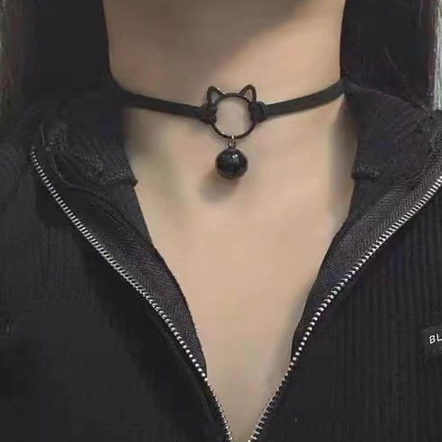 POYAMUSE Gothic Hollow Cat Choker Necklace for Women - Double Layer Velvet Choker with Bell Pendant